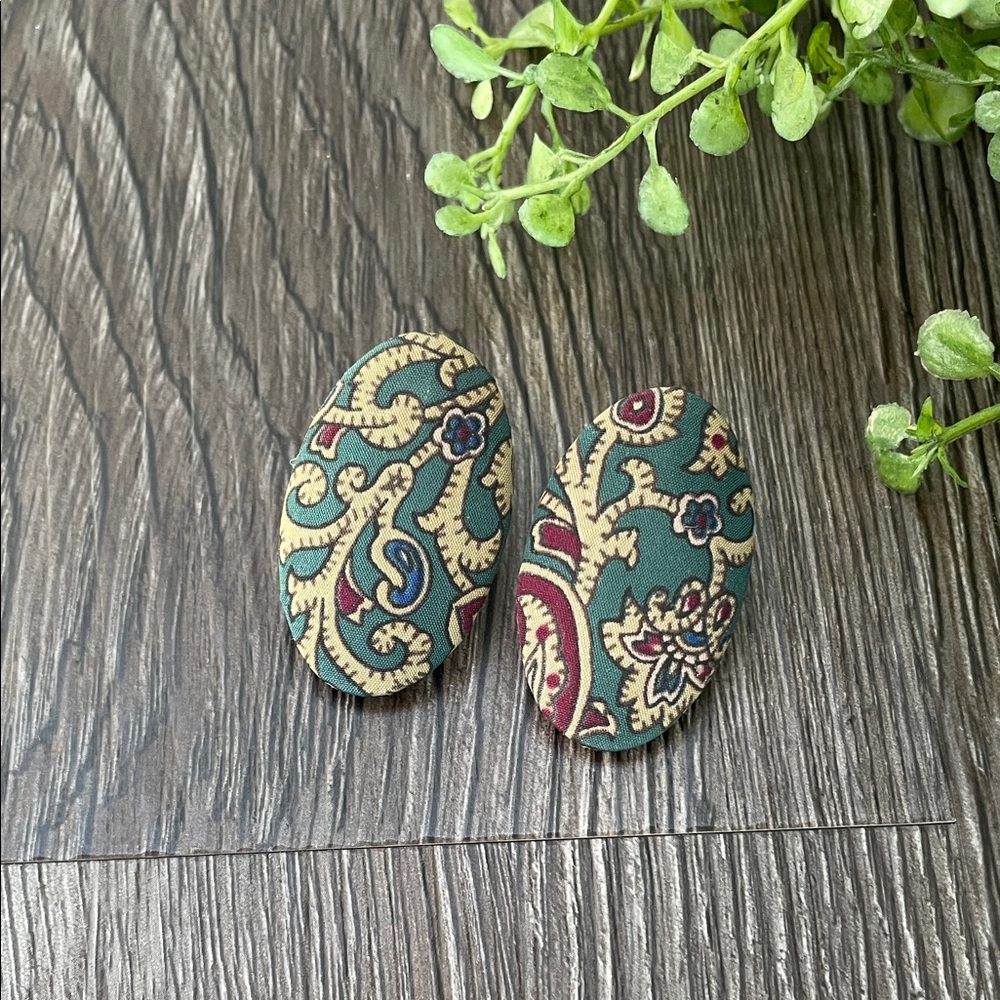 Vintage Paisley Patterned Fabric Covered Oval Statement Earrings